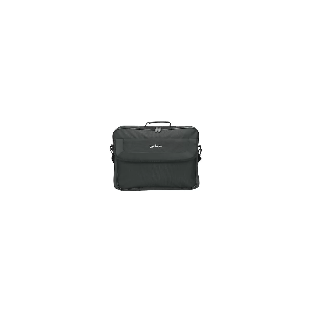 Schwarze Manhattan Laptoptasche mit Tragegriff und Reißverschluss vor weißem Hintergrund.