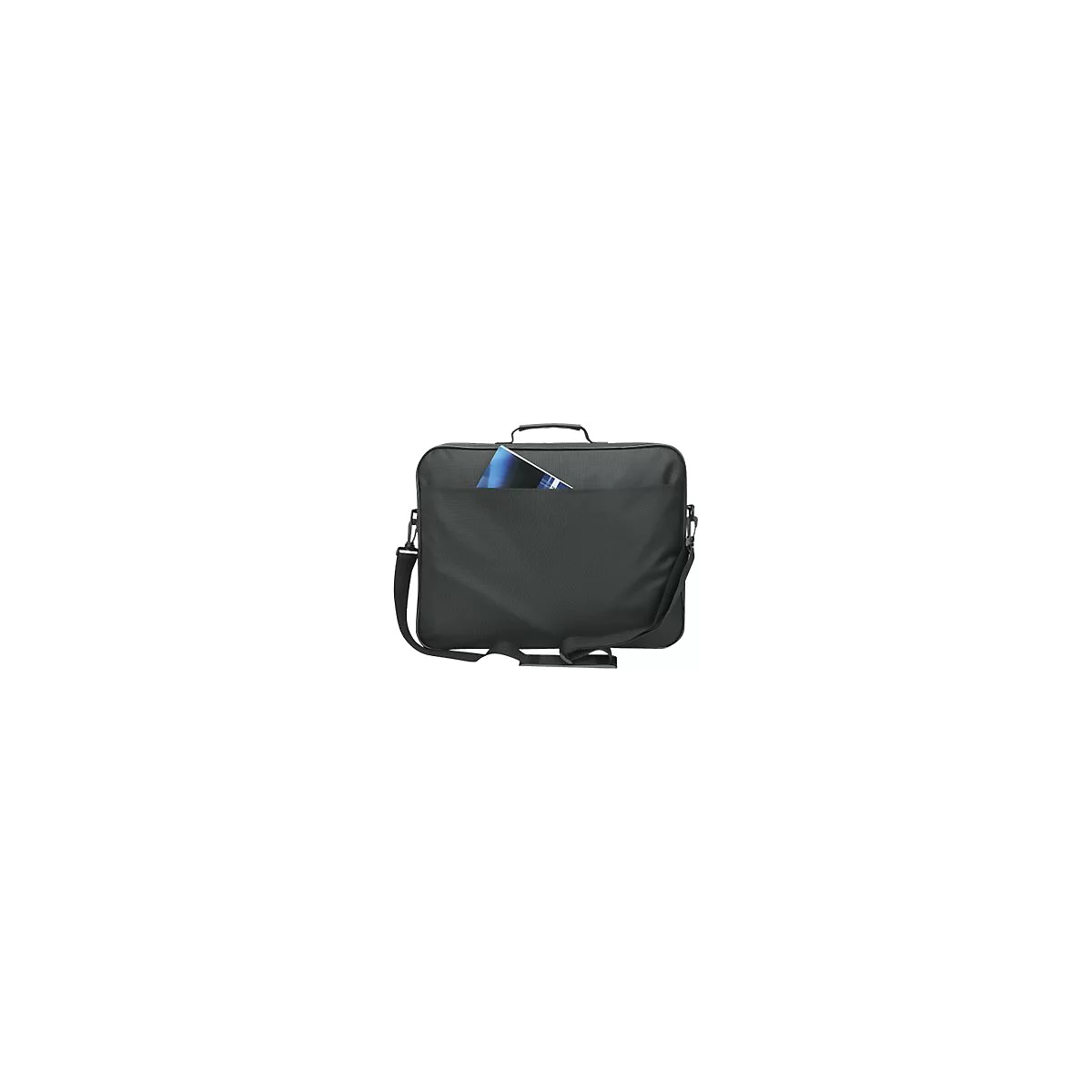 Schwarze Laptoptasche mit Tragegriff und Schultergurt, ein Dokument steckt im vorderen Außenfach.