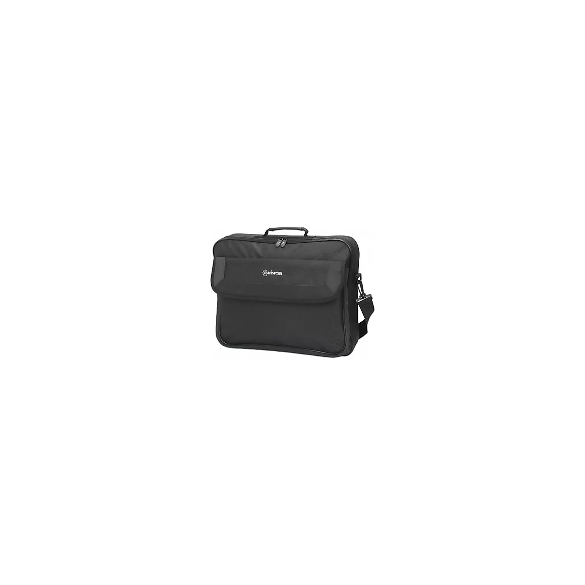 Schwarze Manhattan Laptoptasche mit Tragegriff und Schultergurt vor weißem Hintergrund.