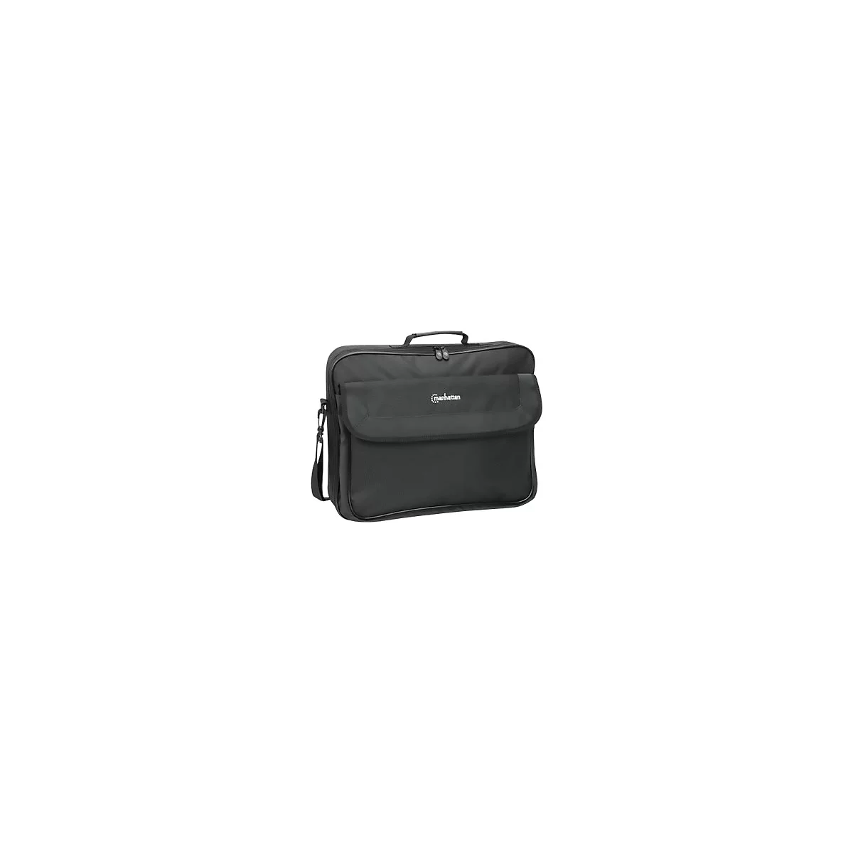 Schwarze Manhattan Laptoptasche mit Tragegriff, Umhängegurt und Frontklappe auf weißem Hintergrund.