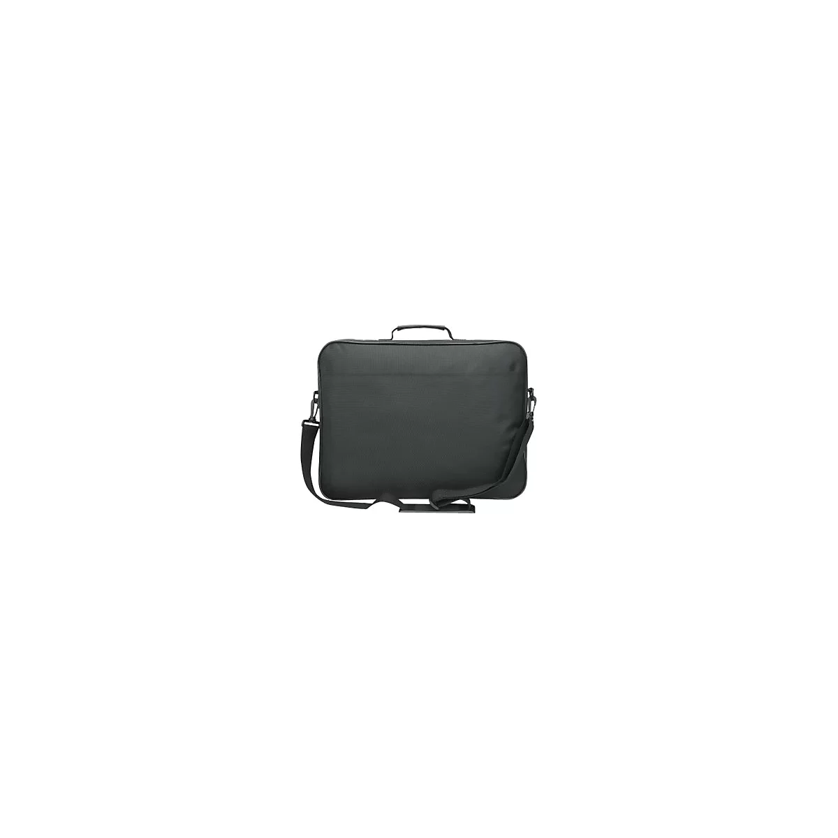 Schwarze, rechteckige Laptoptasche mit Tragegriff und verstellbarem Schultergurt vor weißem Hintergrund.