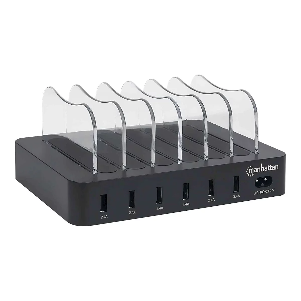 Schwarze Ladestation von Manhattan mit sechs USB-Ports und durchsichtigen Trennwänden vor weißem Hintergrund.