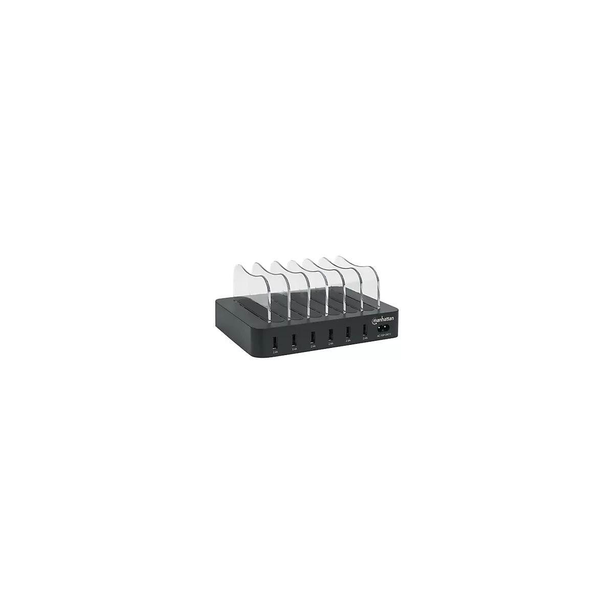 Schwarze Manhattan USB-Ladestation mit sechs Fächern für Geräte und USB-Anschlüssen an der Vorderseite.