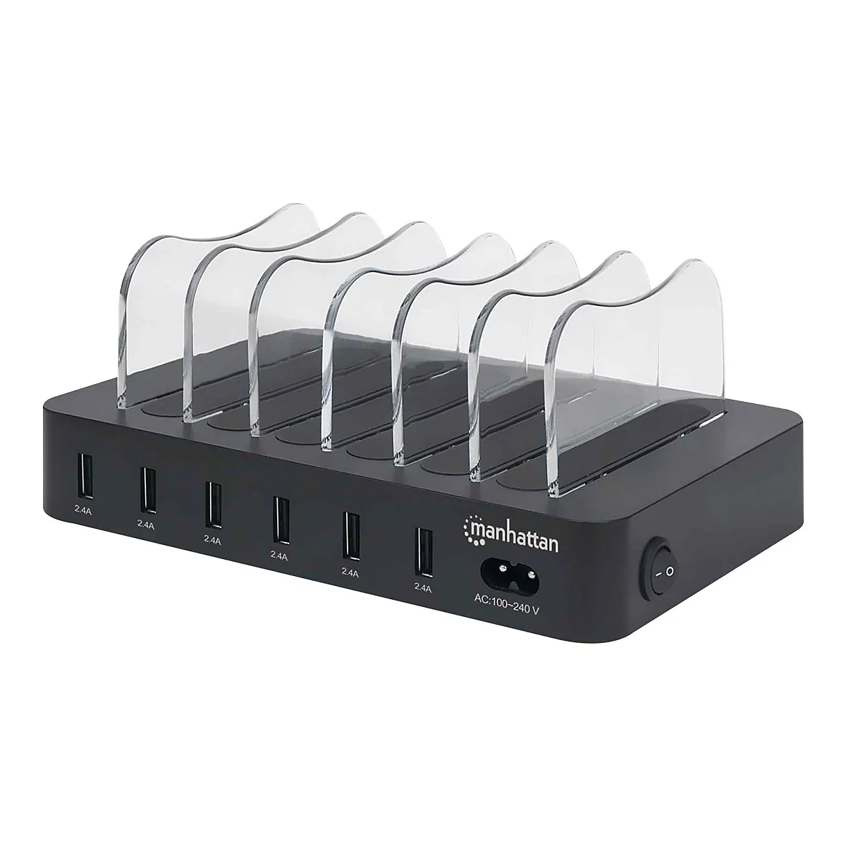 Schwarze Manhattan USB-Ladestation mit sechs Fächern und transparenten Trennwänden auf weißem Grund.