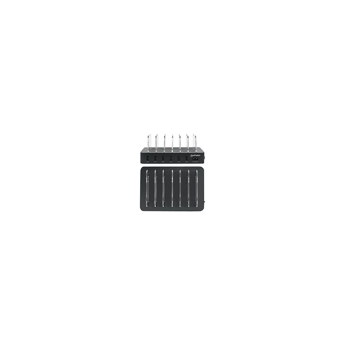 Schwarze Ladestation von Manhattan mit sechs USB-Ports und Trennwänden zur Aufbewahrung von Geräten.