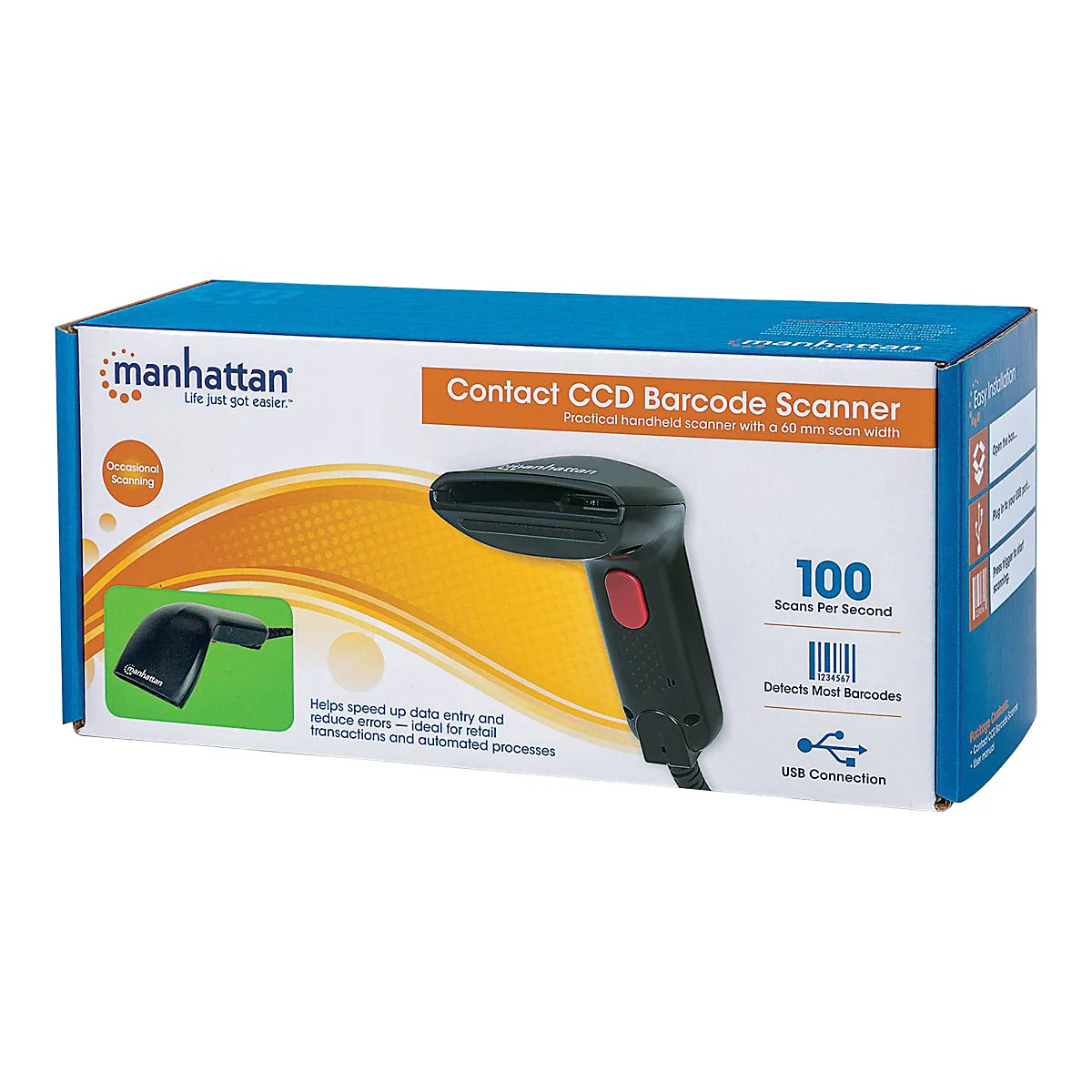 Manhattan Contact CCD Handheld Barcode Scanner, USB, 60mm Scan Width, Cable 152cm, Max Ambient Light 5,000 lux (sunlight), Black, Three Year Warranty, Box - Barcode-Scanner