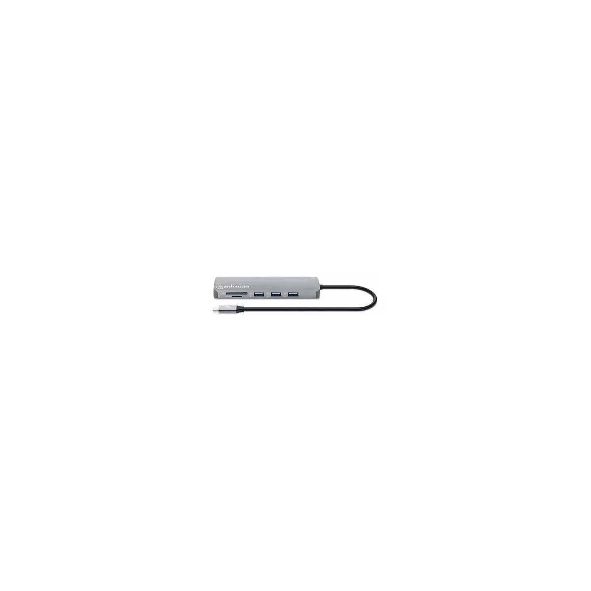 Grauer USB-Hub mit SD-Kartenleser und mehreren USB-Anschlüssen. Schwarzes Kabel mit USB-C-Stecker.
