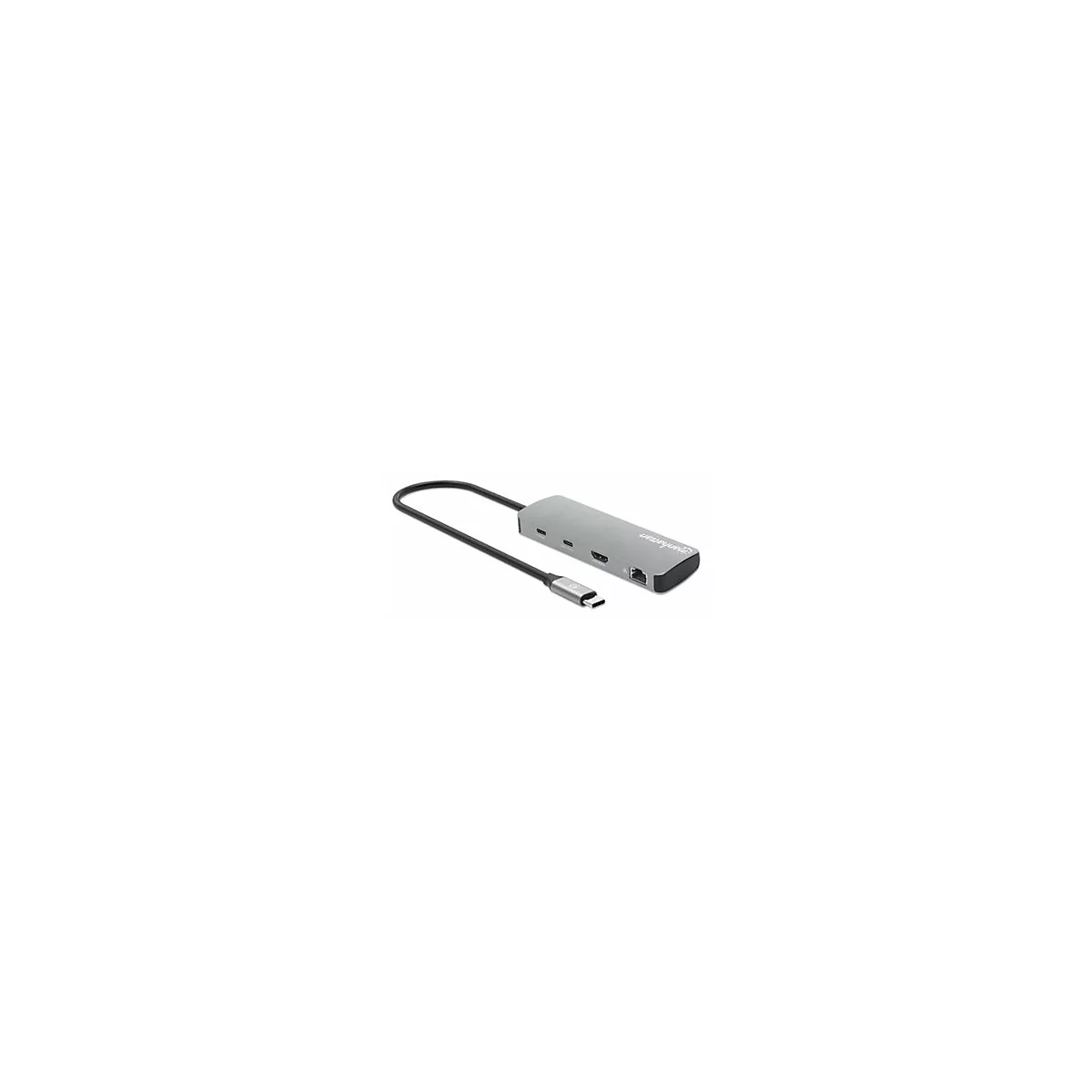 Grauer USB-C Hub mit Anschlüssen. Ein schwarzes Kabel mit USB-C Stecker ist angeschlossen.