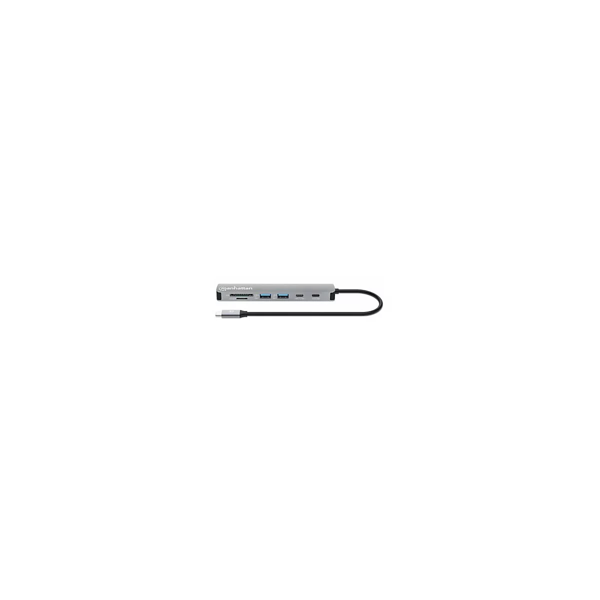 Grauer Manhattan USB-C Hub. Mit verschiedenen Anschlüssen und einem USB-C Stecker.