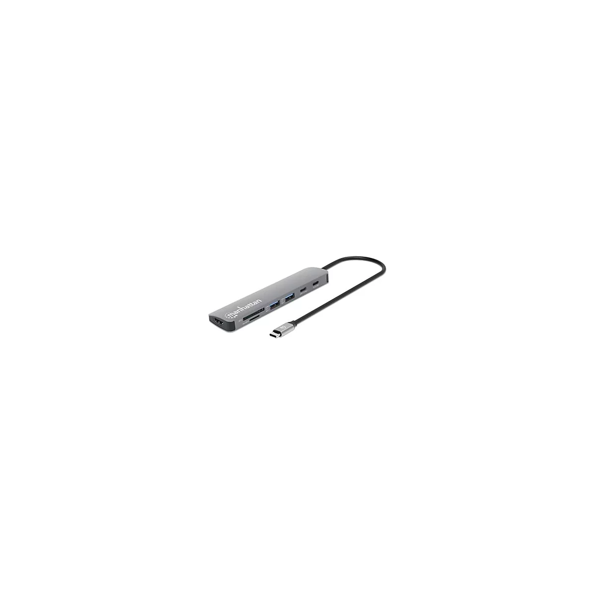 Graues Manhattan-USB-C-Hub mit angeschlossenem Kabel. Anschlüsse: HDMI, USB, SD-Kartenleser.