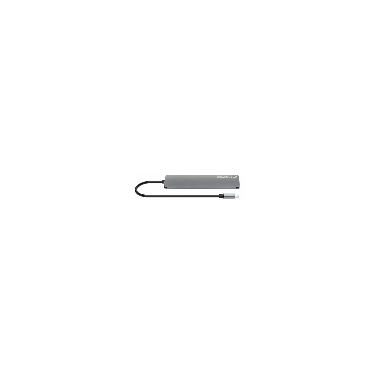 Grauer USB-C-Hub mit schwarzem Kabel, Manhattan-Logo.