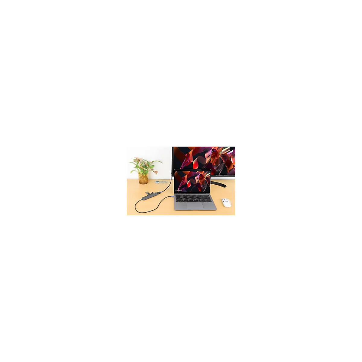 Laptop mit Monitor, Maus und USB-C-Hub. Auf dem Bildschirm ist ein farbenfrohes Bild zu sehen. Auf dem Hub steht "4K@60Hz".