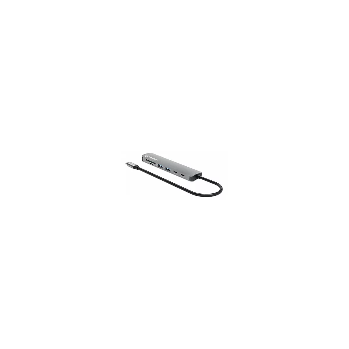 Grauer USB-C-Hub von Manhattan. Mit mehreren Anschlüssen, SD-Kartenleser und schwarzem Kabel auf weißem Hintergrund.