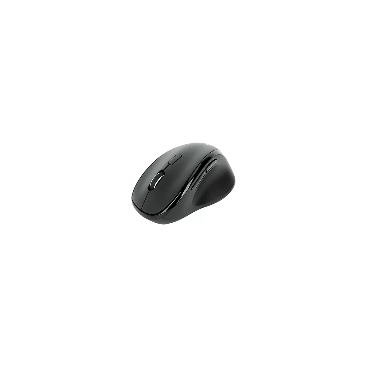 Schwarze, ergonomische kabellose Computermaus aus Kunststoff mit Scrollrad vor weißem Hintergrund.
