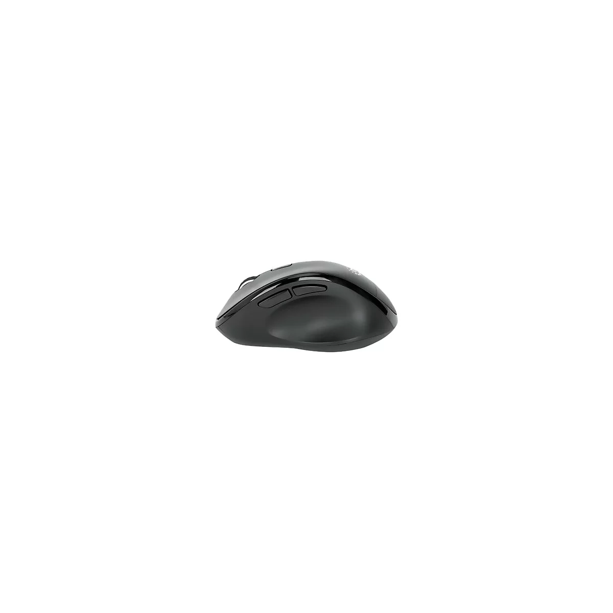 Schwarze, ergonomisch geformte kabellose Computermaus in Seitenansicht vor weißem Hintergrund.