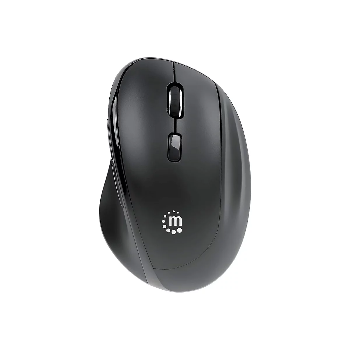 Schwarze kabellose Computermaus in ergonomischer Form vor weißem Hintergrund mit Firmenlogo.