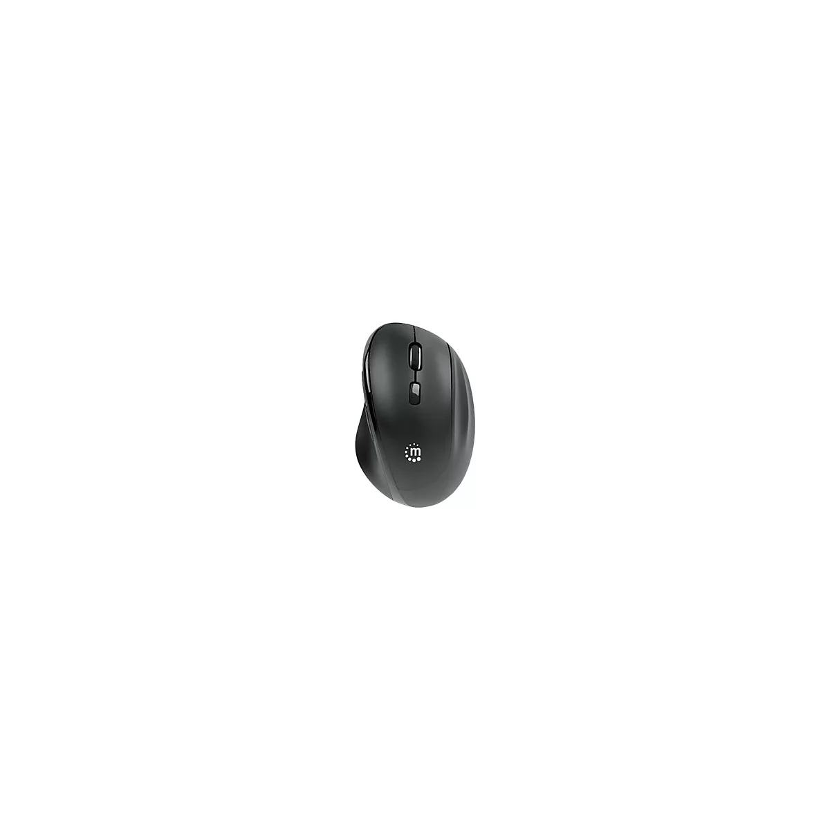 Schwarze, ergonomisch geformte kabellose Computermaus mit einem kleinen weißen Logo auf der Oberfläche.