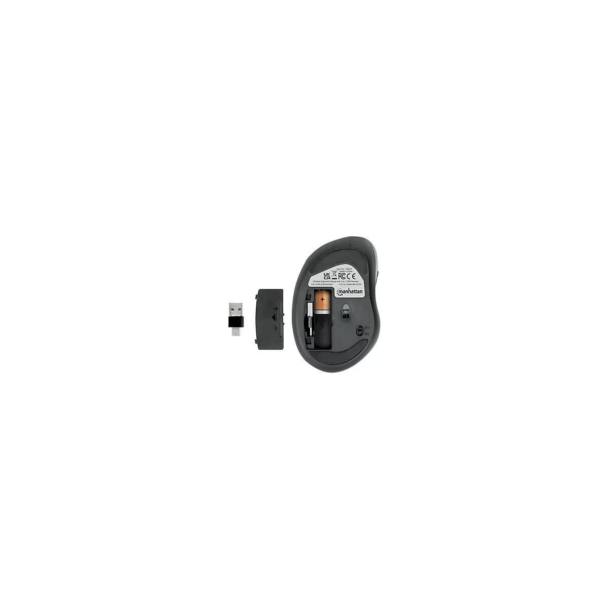 Unterseite einer ergonomischen, grauen Funkmaus mit geöffnetem Batteriefach, Batterie, USB-Empfänger und Deckel.