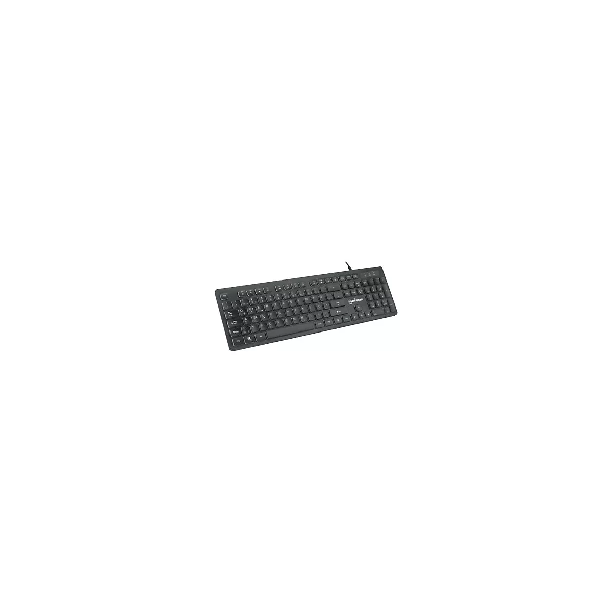 Schwarze Manhattan Tastatur mit deutschem QWERTZ-Layout vor weißem Hintergrund.