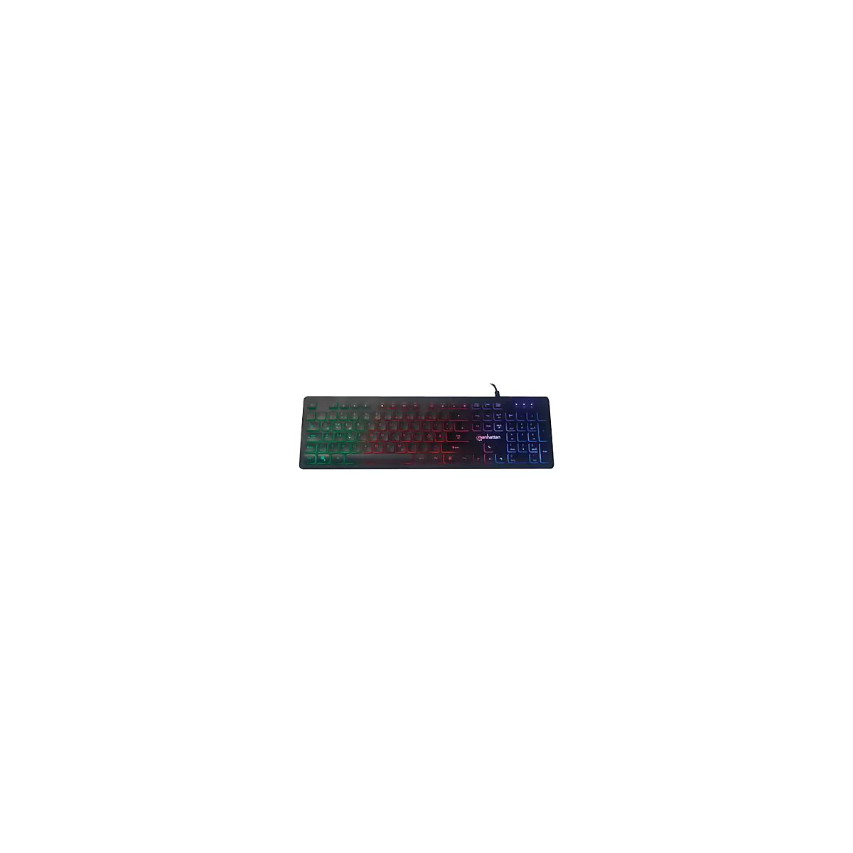 Schwarze Manhattan Tastatur mit bunter RGB-Hintergrundbeleuchtung vor neutralem weißem Hintergrund.