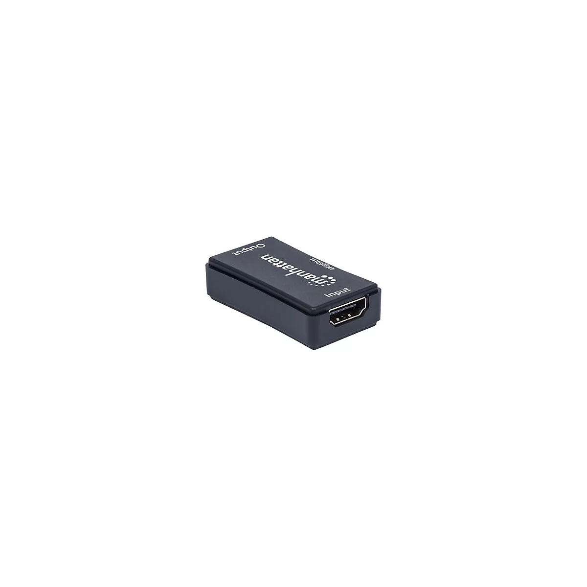 Schwarzer Manhattan HDMI Adapter. Aufschrift: Manhattan, Input, Output, 4K@60Hz.