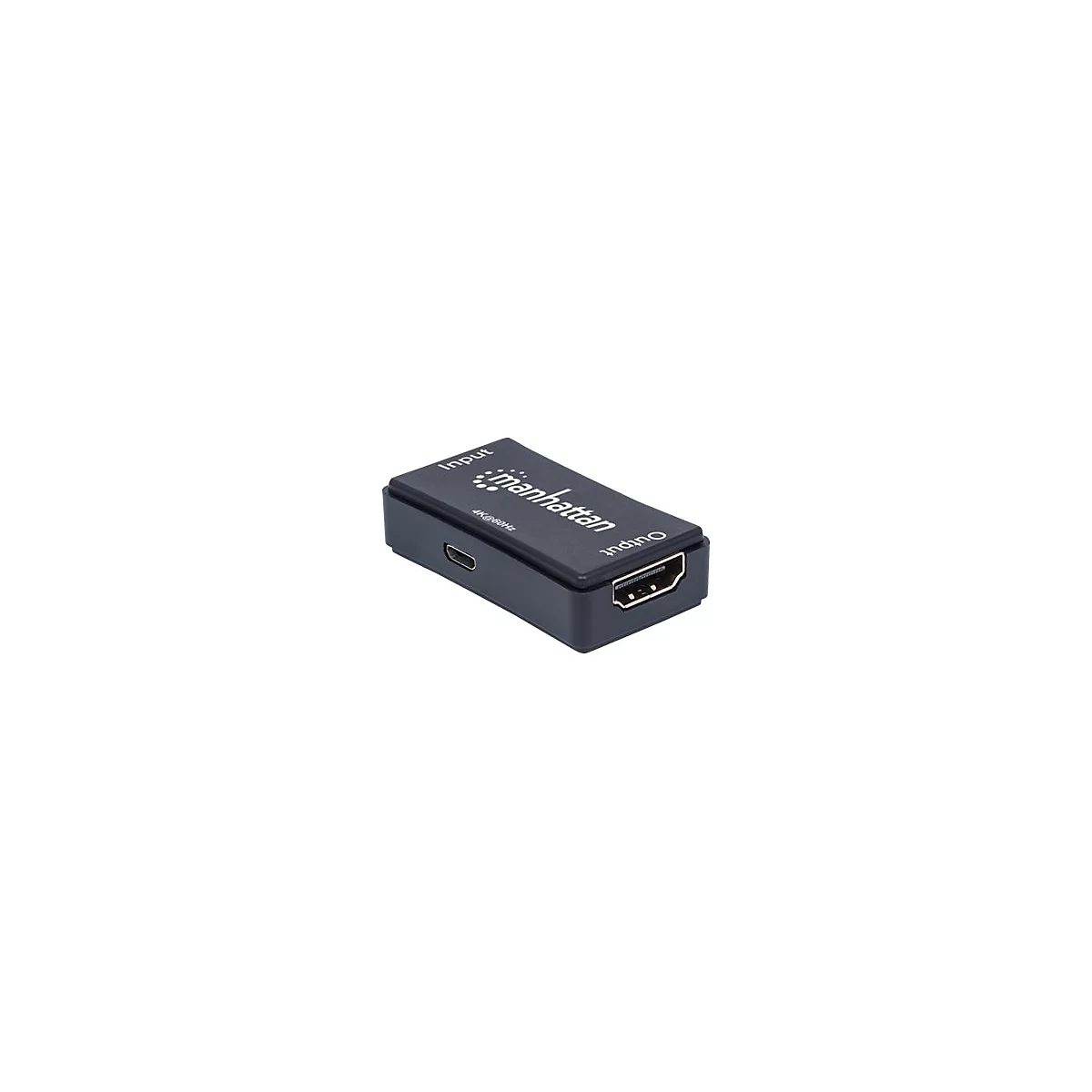 Schwarzer Manhattan HDMI-Konverter mit AnschlÃ¼ssen. Oberseite mit Logo und SchriftzÃ¼gen Input und Output.