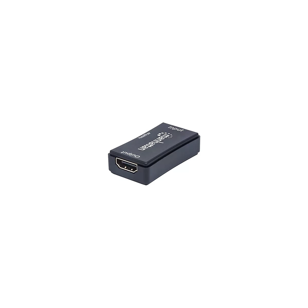 Schwarzer HDMI-Adapter mit manhattan-Logo. AnschlÃ¼sse Input und Output deutlich sichtbar.