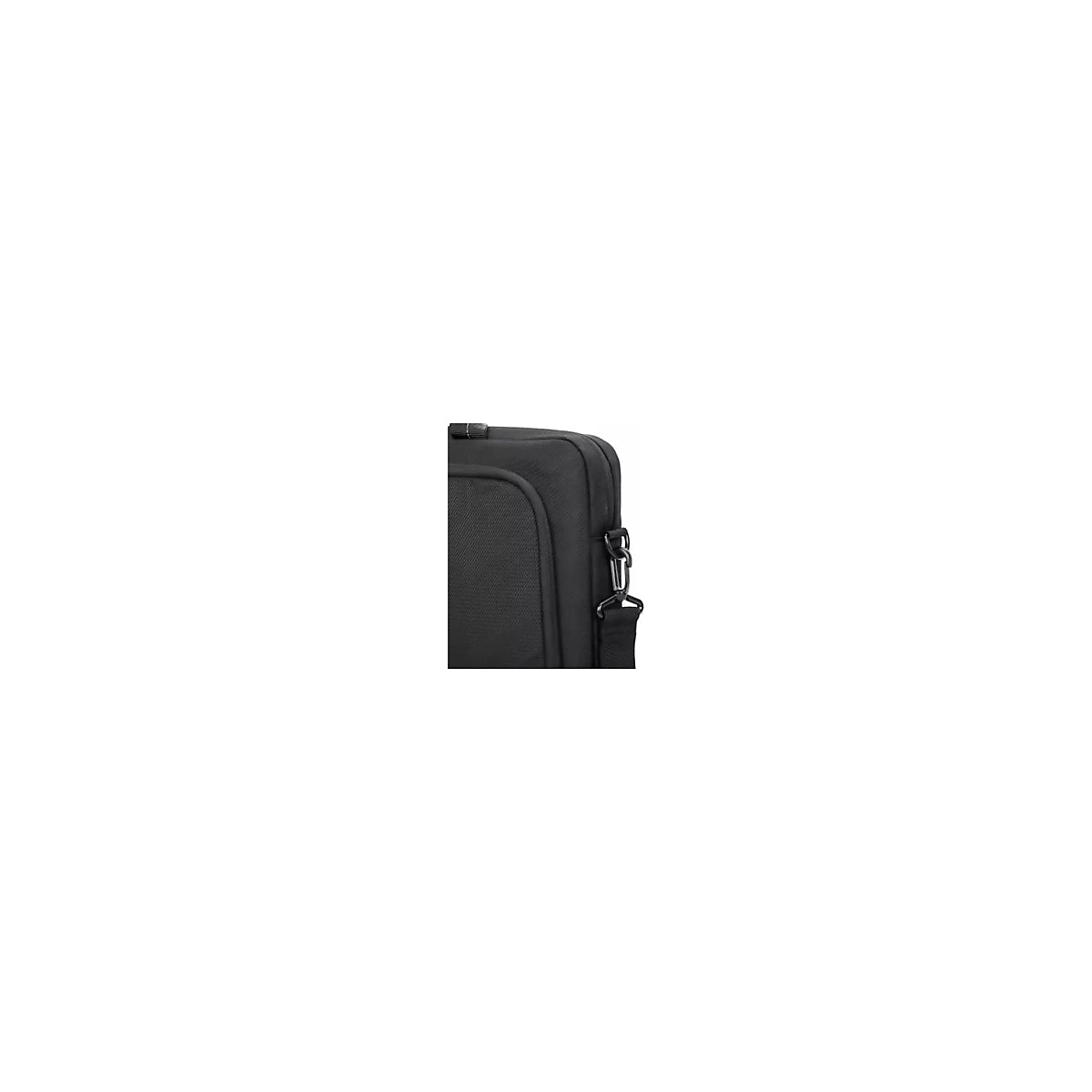 Nahaufnahme einer schwarzen Laptoptasche mit einem silbernen Karabinerhaken für den Schulterriemen.