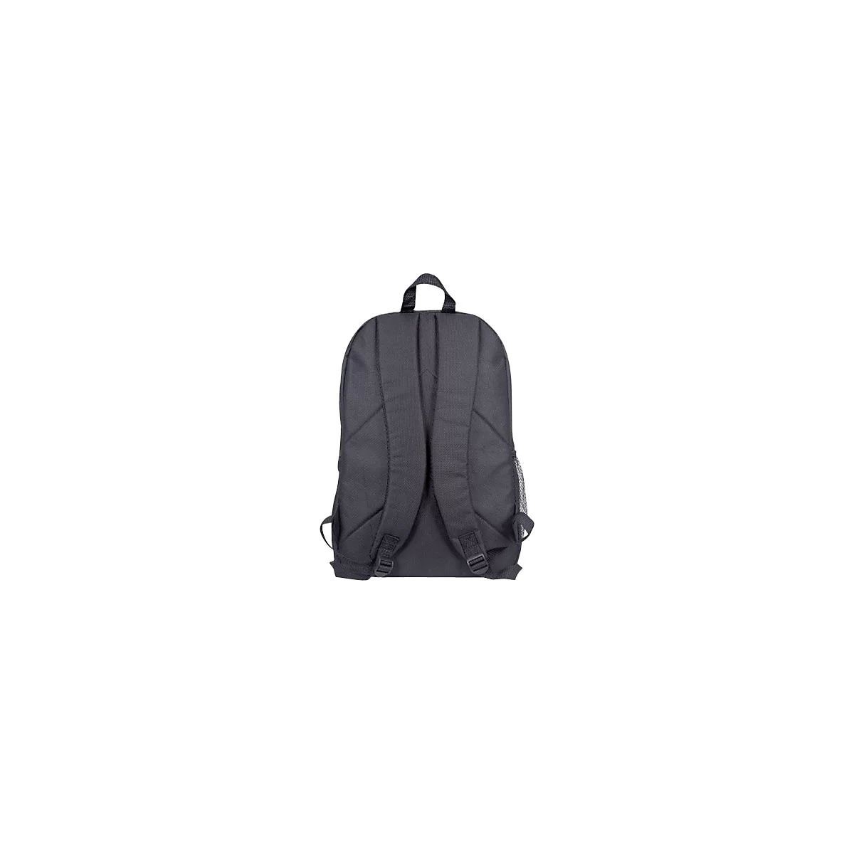 Rückansicht eines schlichten, schwarzen Rucksacks mit gepolsterten Schultergurten vor weißem Hintergrund.