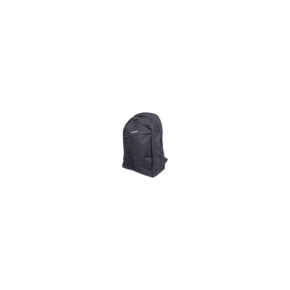 Schwarzer Manhattan Rucksack mit Reißverschluss und Logo-Stickerei vor weißem Hintergrund.