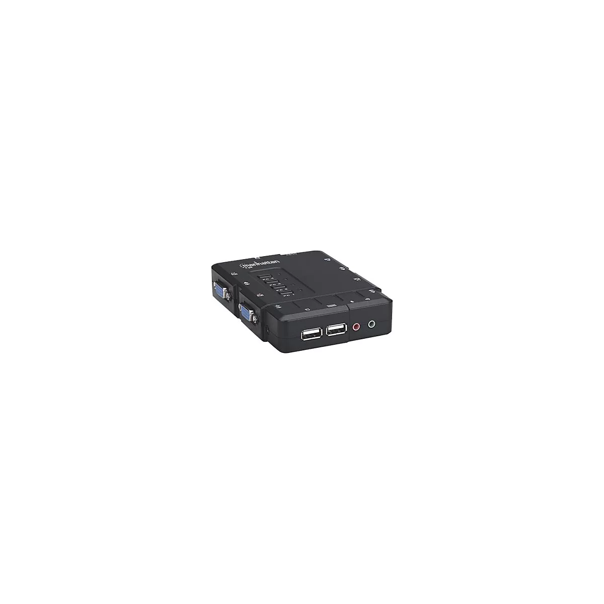 Schwarzer Manhattan KVM-Switch mit Anschlüssen für Monitore, USB und Audio.