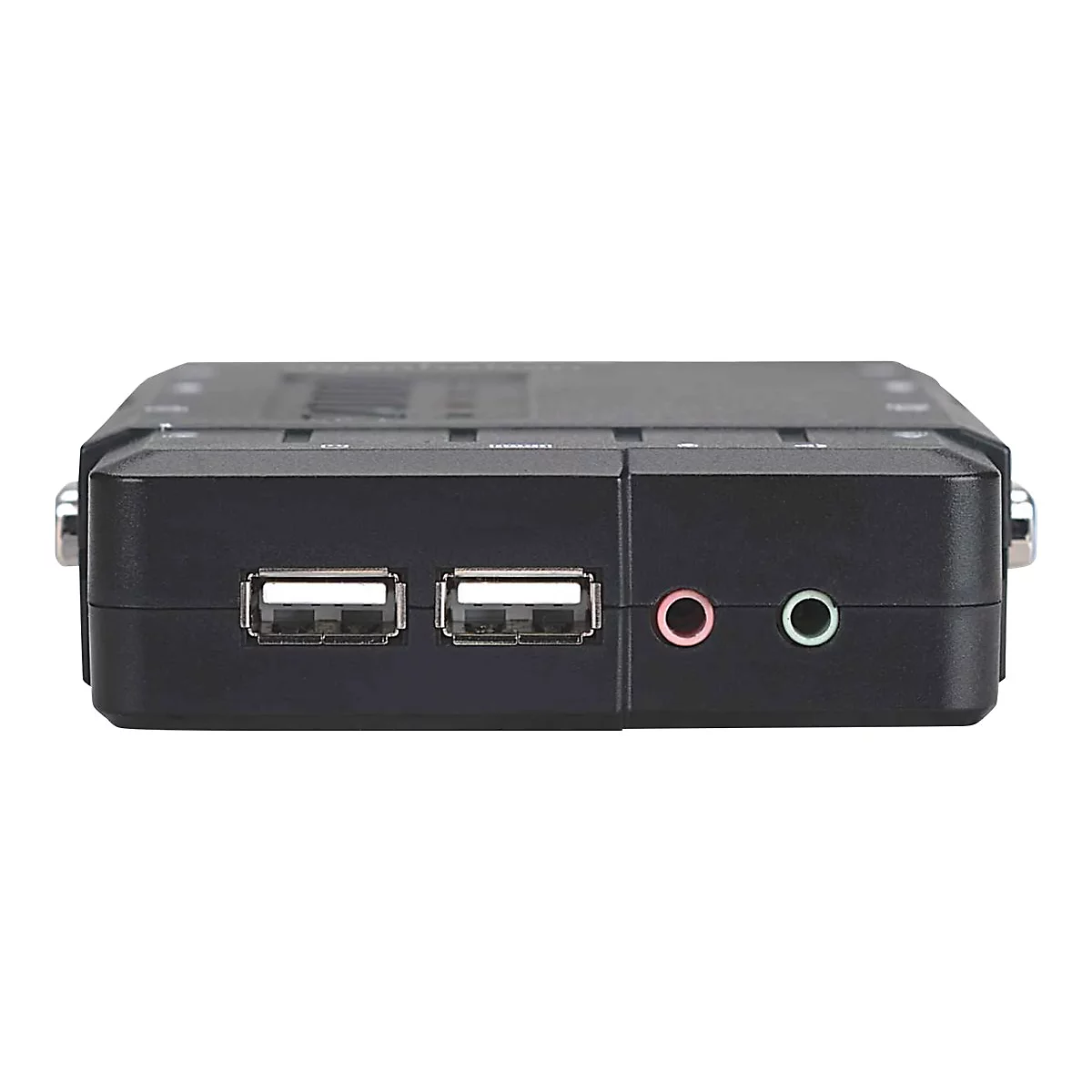 Schwarzes elektronisches Gerät mit USB-Anschlüssen und Audioeingängen.