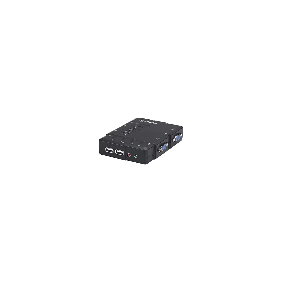 Schwarzer Manhattan-USB-Switch, vorn: 2 USB-A, Audio, hinten: VGA-Anschlüsse. Oben: PC-Anschlüsse.