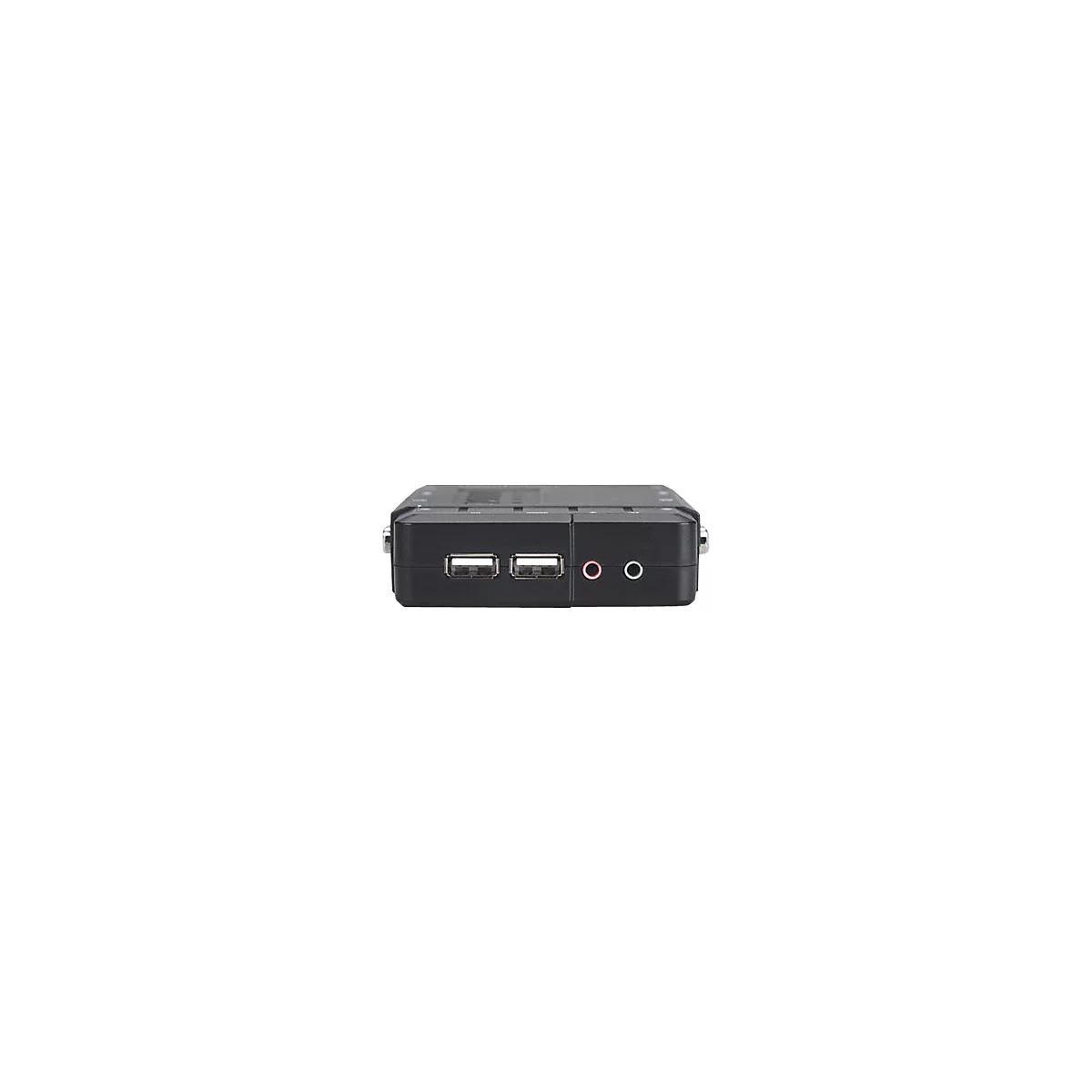 Schwarzer USB-Switch mit zwei USB-Anschlüssen, Audio-Eingang und -Ausgang.