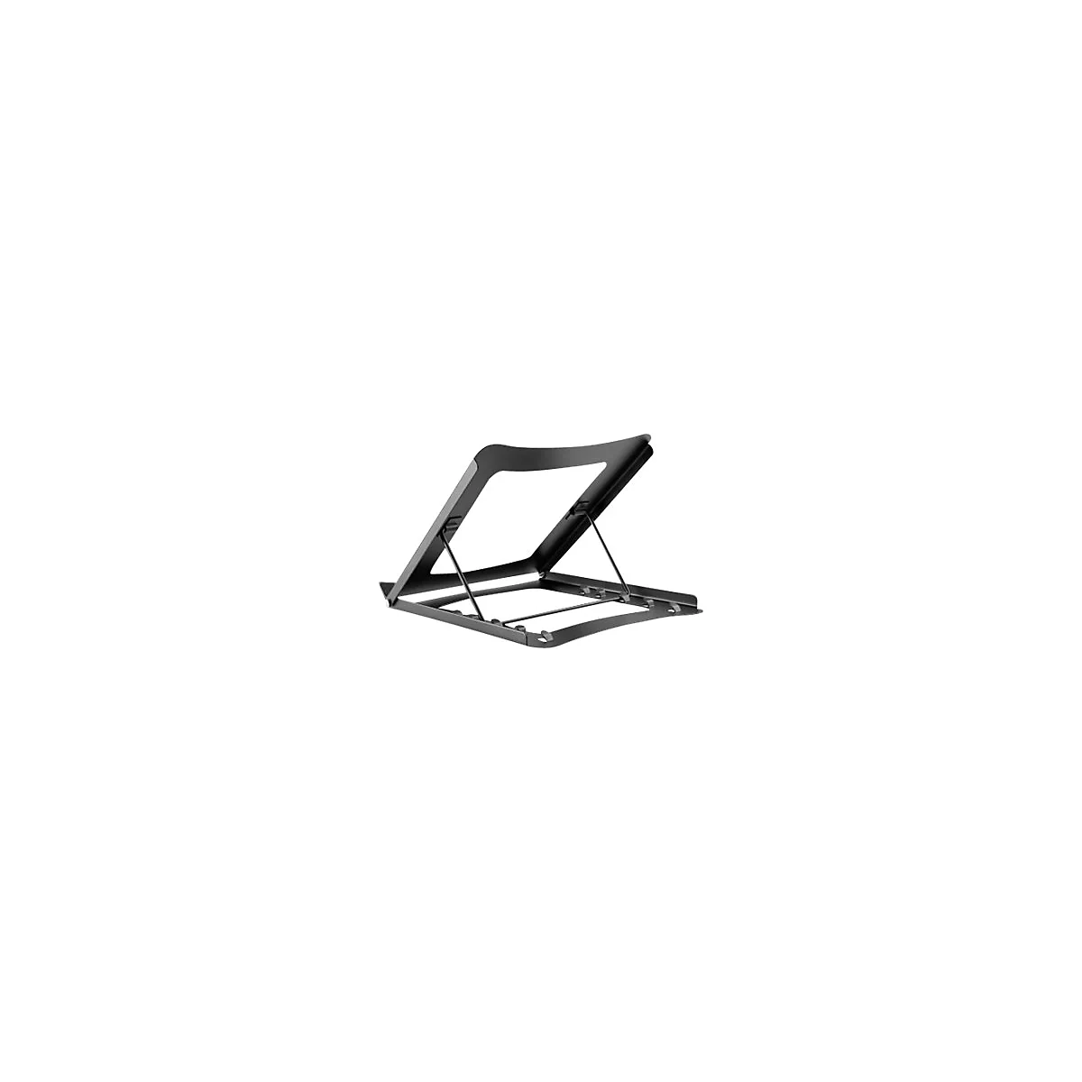Schwarzer, faltbarer Laptop-Ständer aus Metall in einer perspektivischen Ansicht auf weißem Hintergrund.