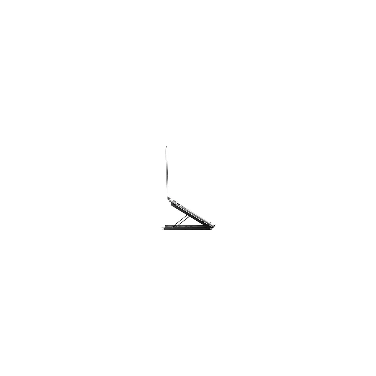 Seitenansicht eines Laptops auf einem schwarzen, höhenverstellbaren Laptopständer vor weißem Hintergrund.