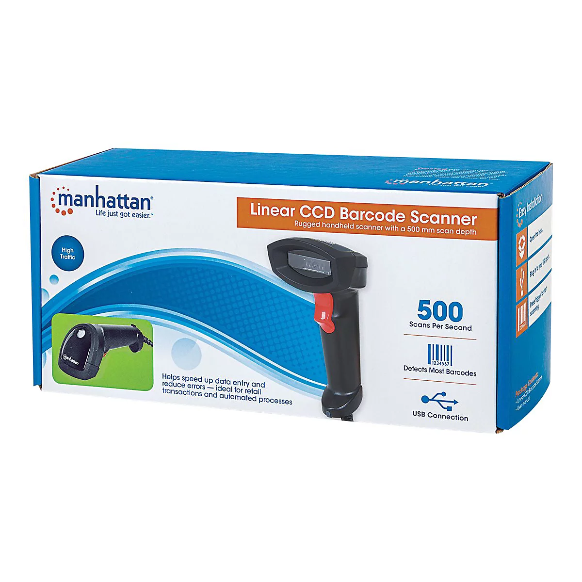 Manhattan Linear CCD Handheld Barcode Scanner, USB, 500mm Scan Depth, IP54 rating, Cable length 1.5m, Max Ambient Light 100,000 lux (sunlight), Black, Three Year Warranty, Box - Barcode-Scanner