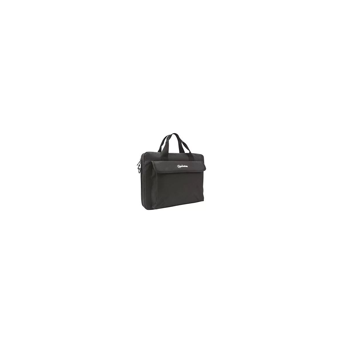 Schwarze Laptoptasche mit Tragegriffen und Manhattan-Logo auf der Fronttasche vor weißem Hintergrund.