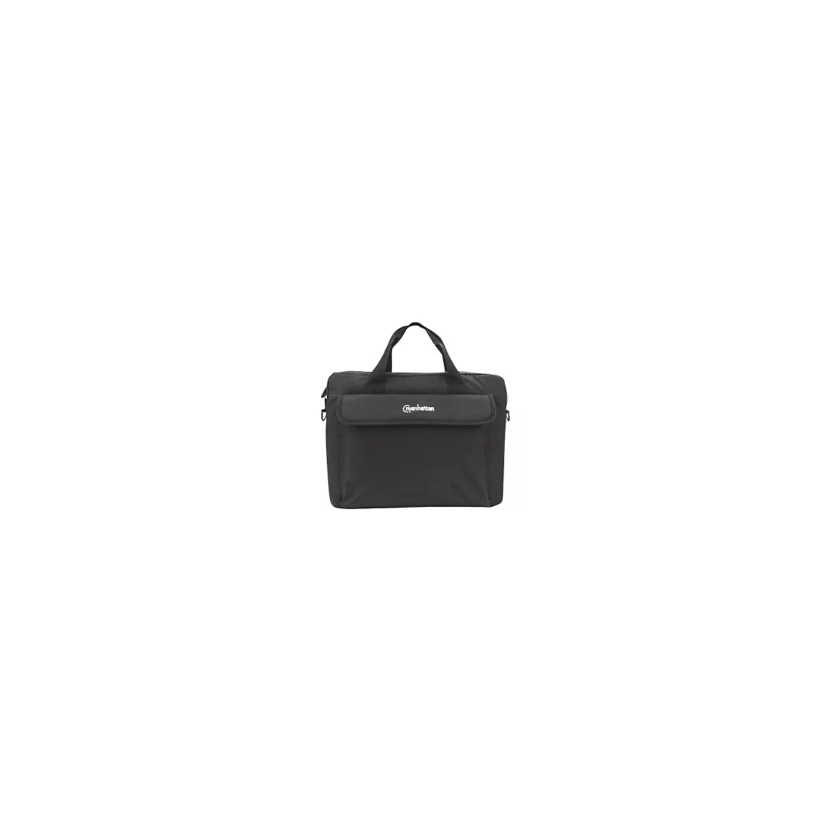 Schwarze Manhattan Laptoptasche mit Tragegriffen und Fronttasche vor weißem Hintergrund.