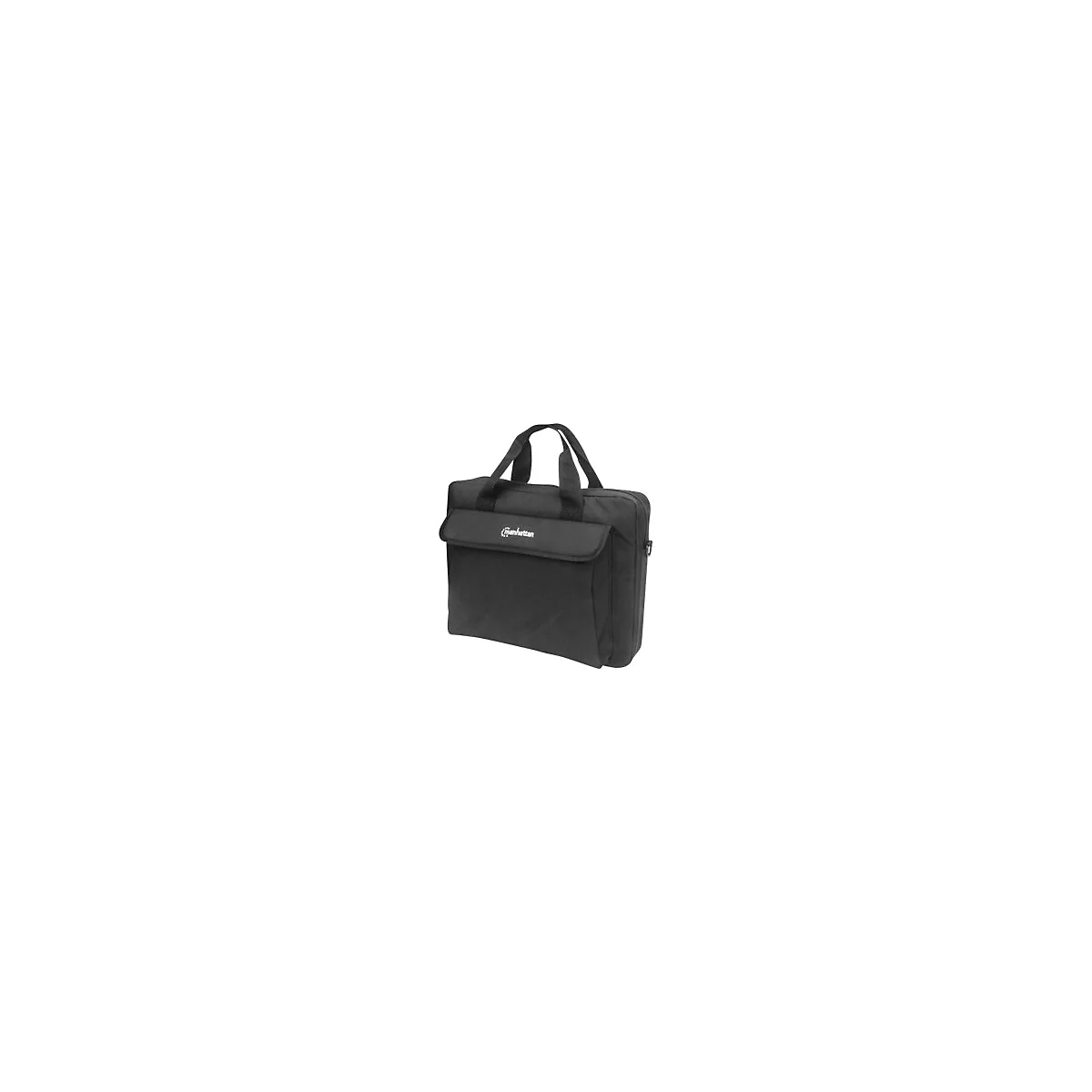 Schwarze Laptoptasche mit Tragegriffen und weißem Manhattan-Logo auf der Fronttasche vor weißem Hintergrund.