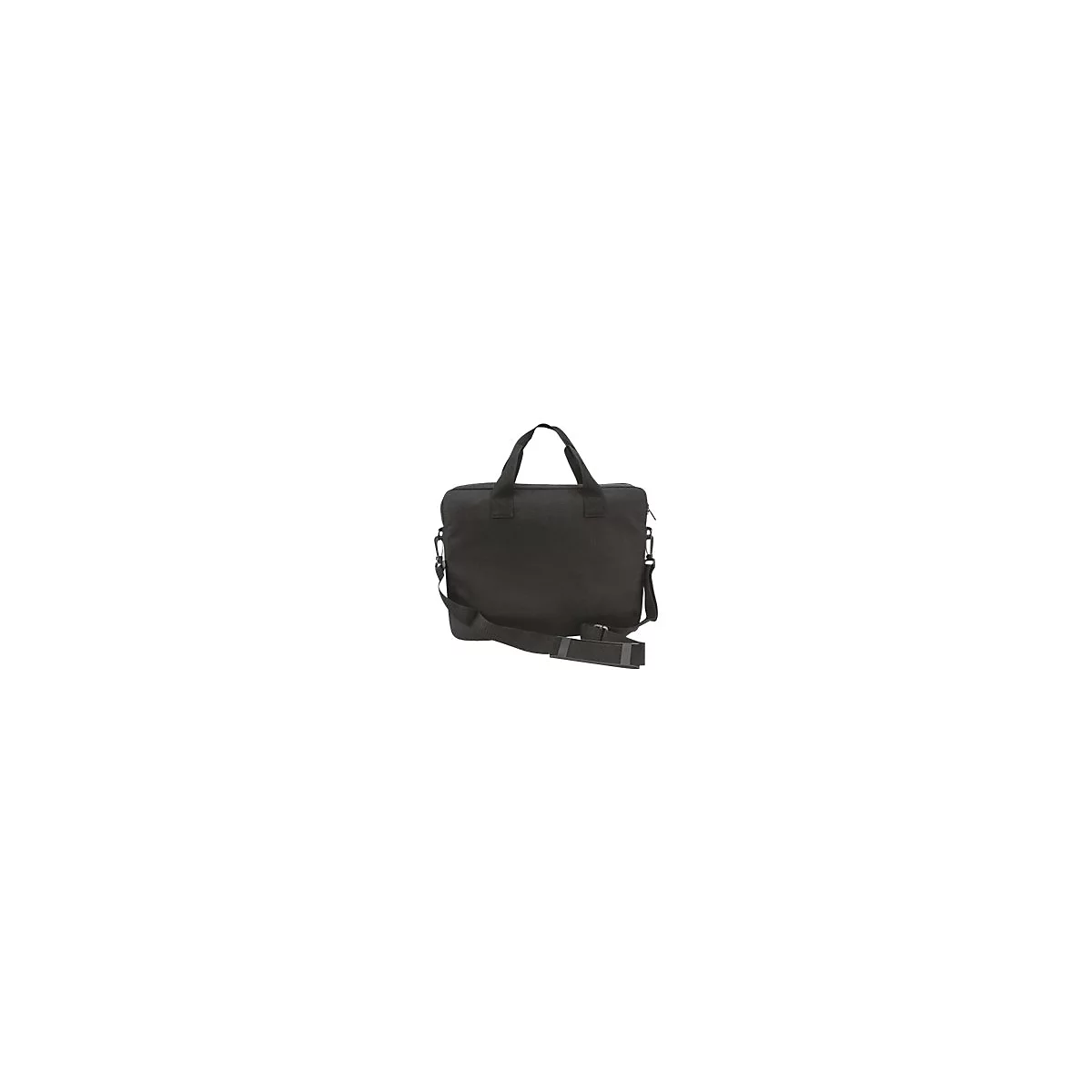 Schlichte schwarze Laptoptasche mit Tragegriffen und verstellbarem Schultergurt vor weißem Hintergrund.