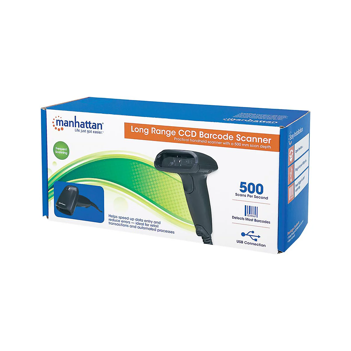 Karton mit einem Barcode-Scanner. Auf dem Karton steht Long Range CCD Barcode Scanner. Der Scanner selbst ist dunkelgrau.