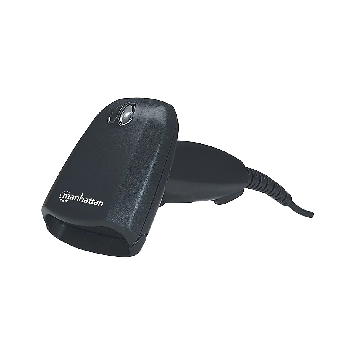 Schwarzer Barcode-Scanner mit Manhattan-Logo, Kabel und zwei KnÃ¶pfen.