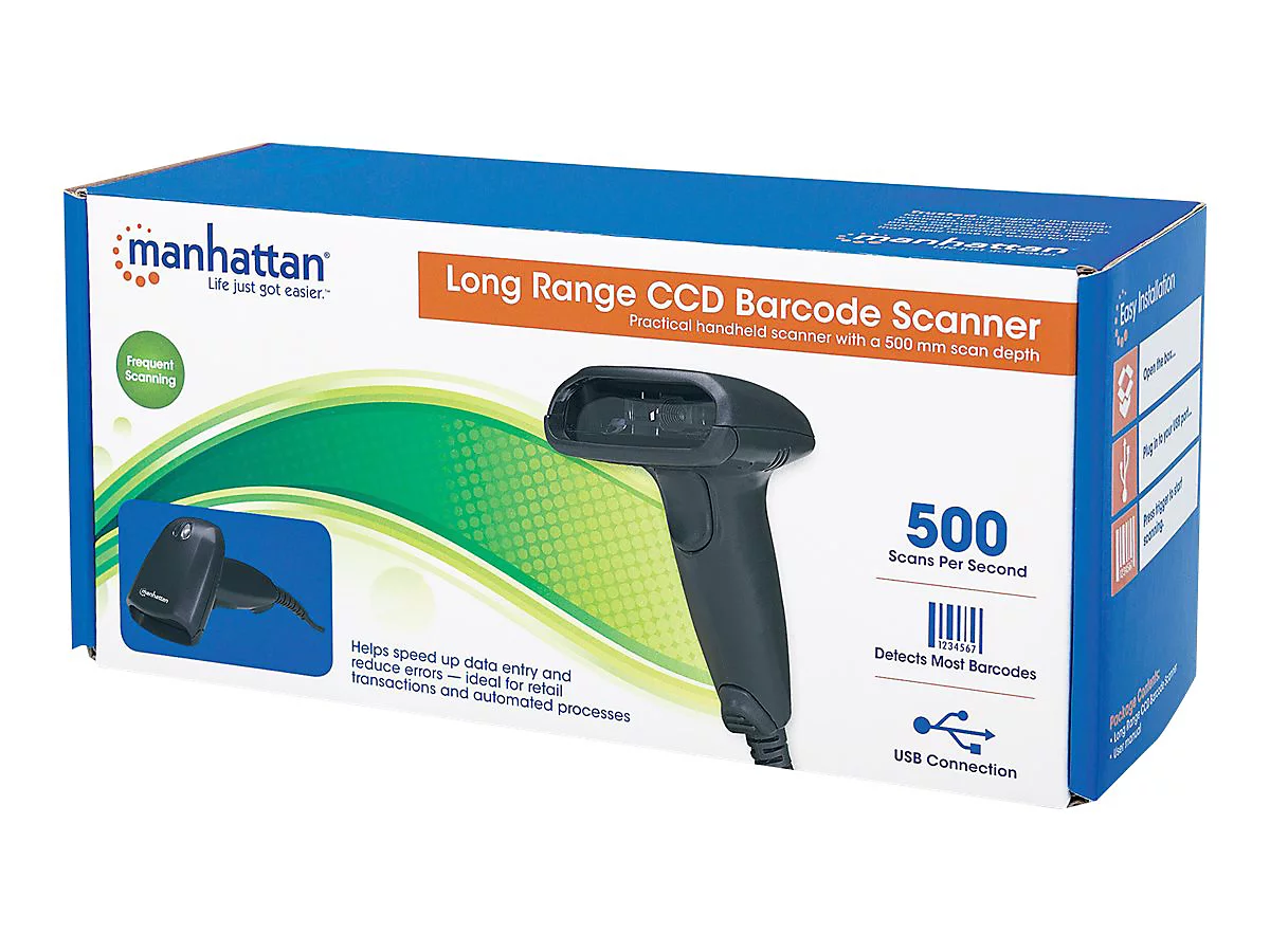 Manhattan Long Range CCD Handheld Barcode Scanner, USB, 500mm Scan Depth, Cable 1.5m, Max Ambient Light 10,000 lux (sunlight), Black, Three Year Warranty, Box - Barcode-Scanner