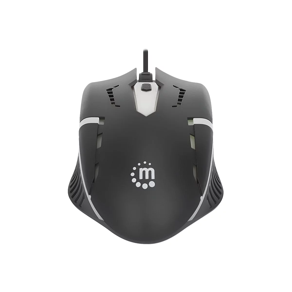 Schwarze Gaming-Maus mit weiÃŸem Logo und weiÃŸen Akzenten.