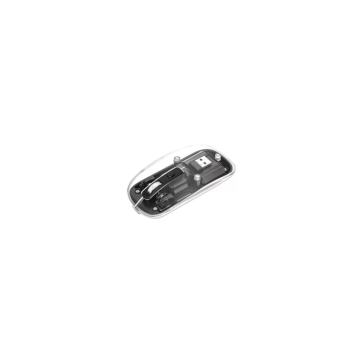 Durchsichtige Computermaus, Innenleben sichtbar. Mausrad, USB-Empfänger, Knöpfe in Schwarz. Gehäuse klar.