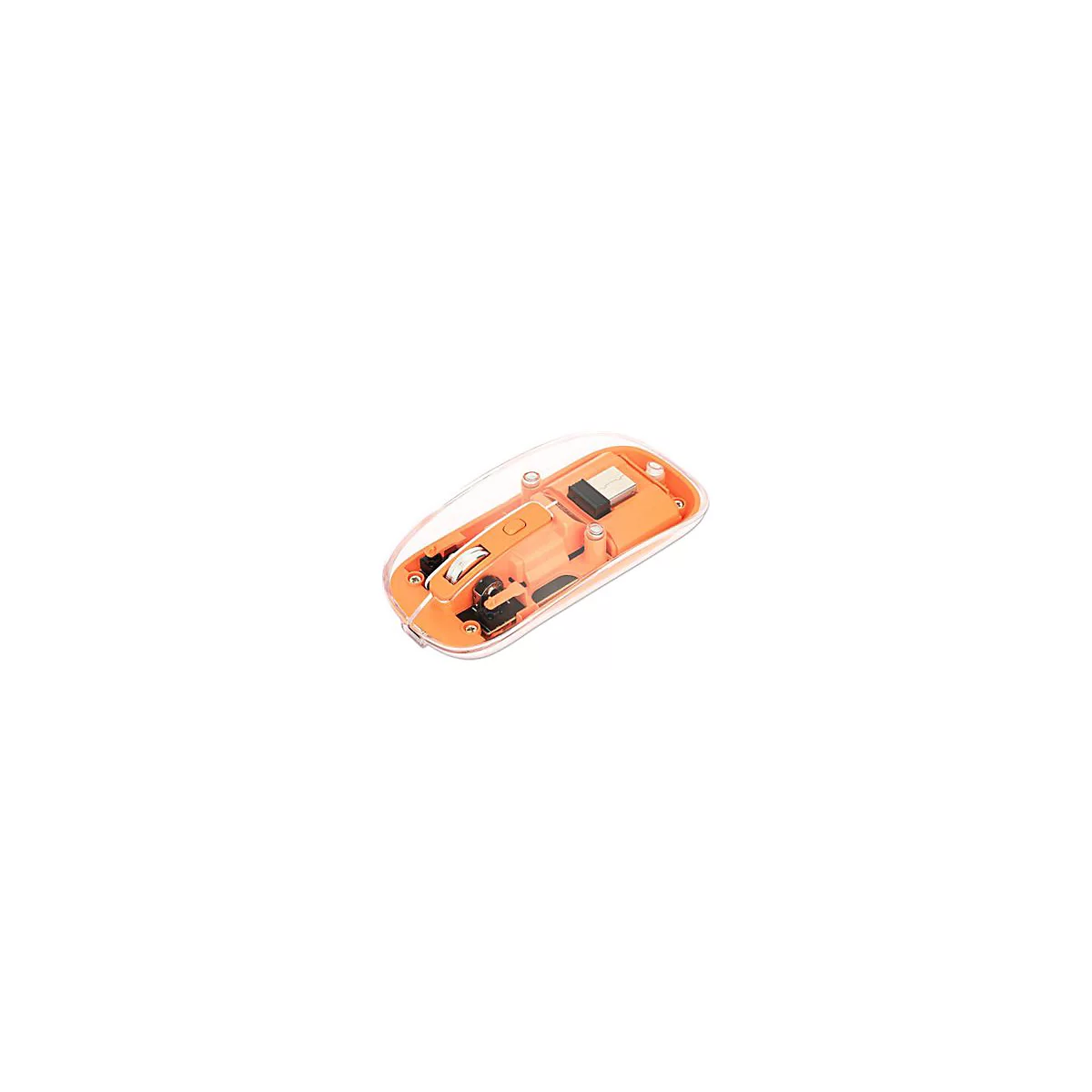 Nahaufnahme einer durchsichtigen, orangefarbenen Maus. Die Innereien sind sichtbar, ein USB-Stecker ist zu sehen.