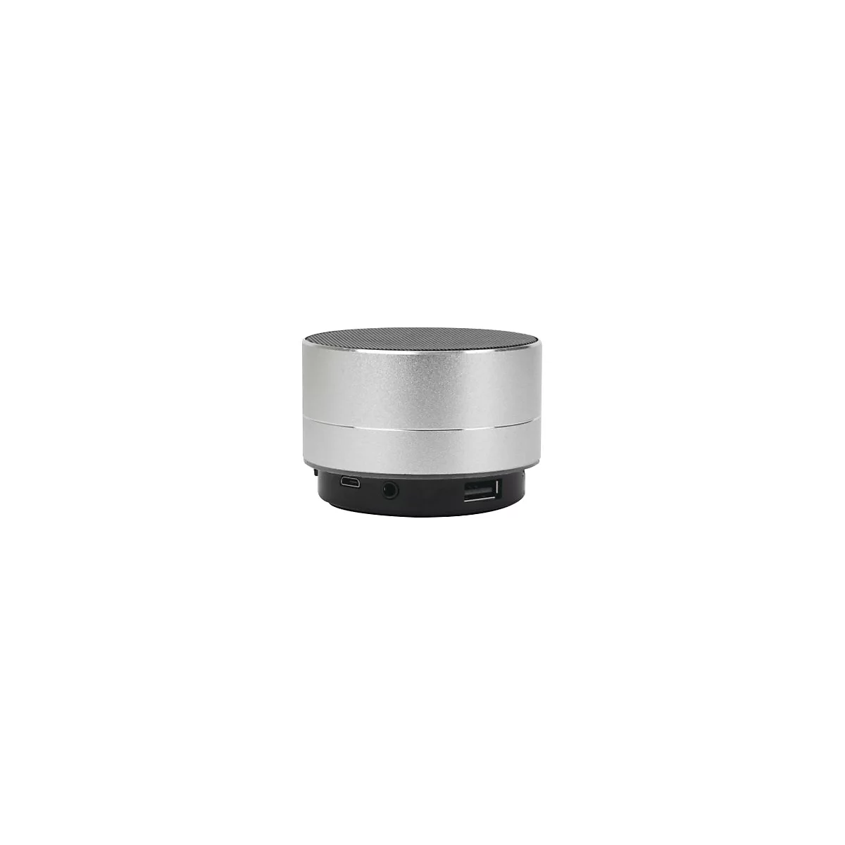 Runder, silberner Bluetooth-Lautsprecher mit schwarzer Oberseite und Anschlüssen am schwarzen Sockel.