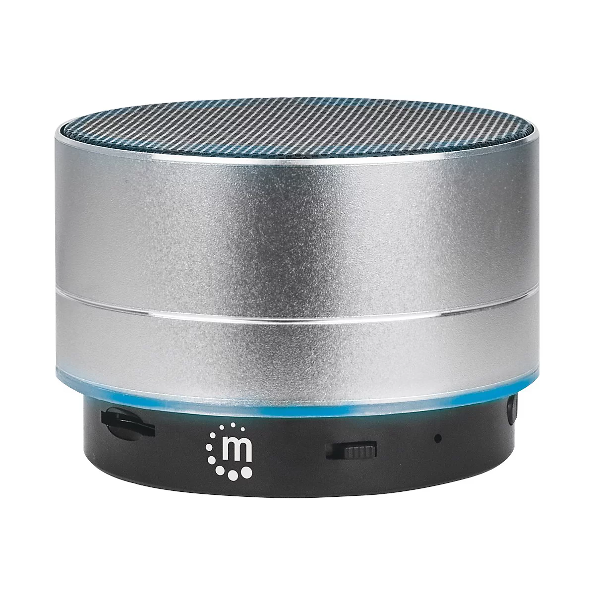 Kompakter, zylindrischer Bluetooth-Lautsprecher in Silber mit schwarzer Basis und einem m-Logo.