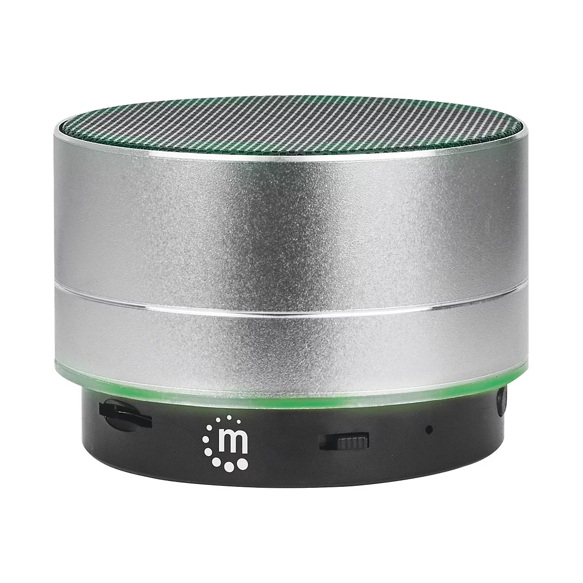 Kompakter, silberfarbener Bluetooth-Lautsprecher mit grünem Gitter und schwarzer Basis.